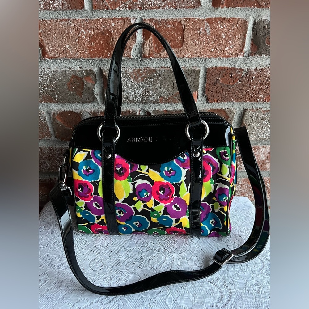 Armani Jeans Black and Multicolor Floral Satchel purse